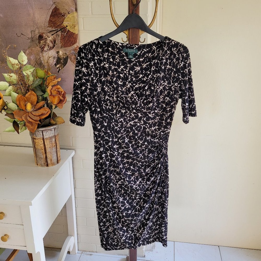 Ralph Lauren Black Chain Print Wrap Style Midi Dress US 8